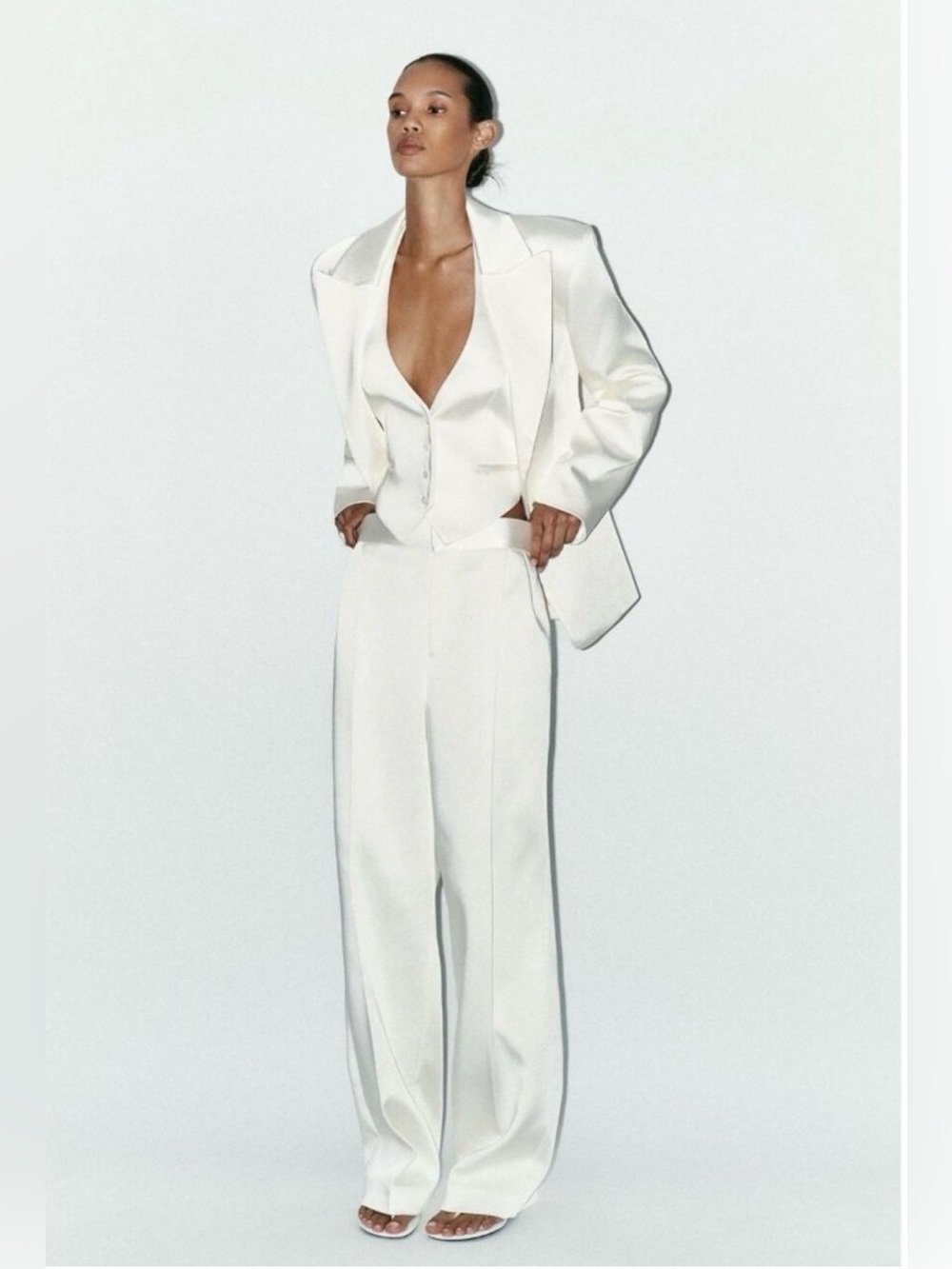 Zara oyster white satin effect blazer and matching trousers